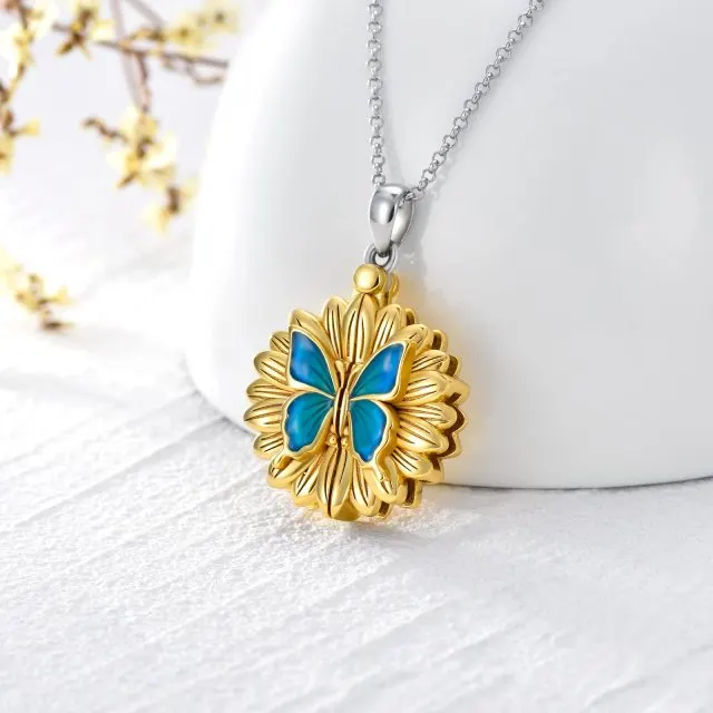 Round Sunflower Butterfly Locket Necklace 