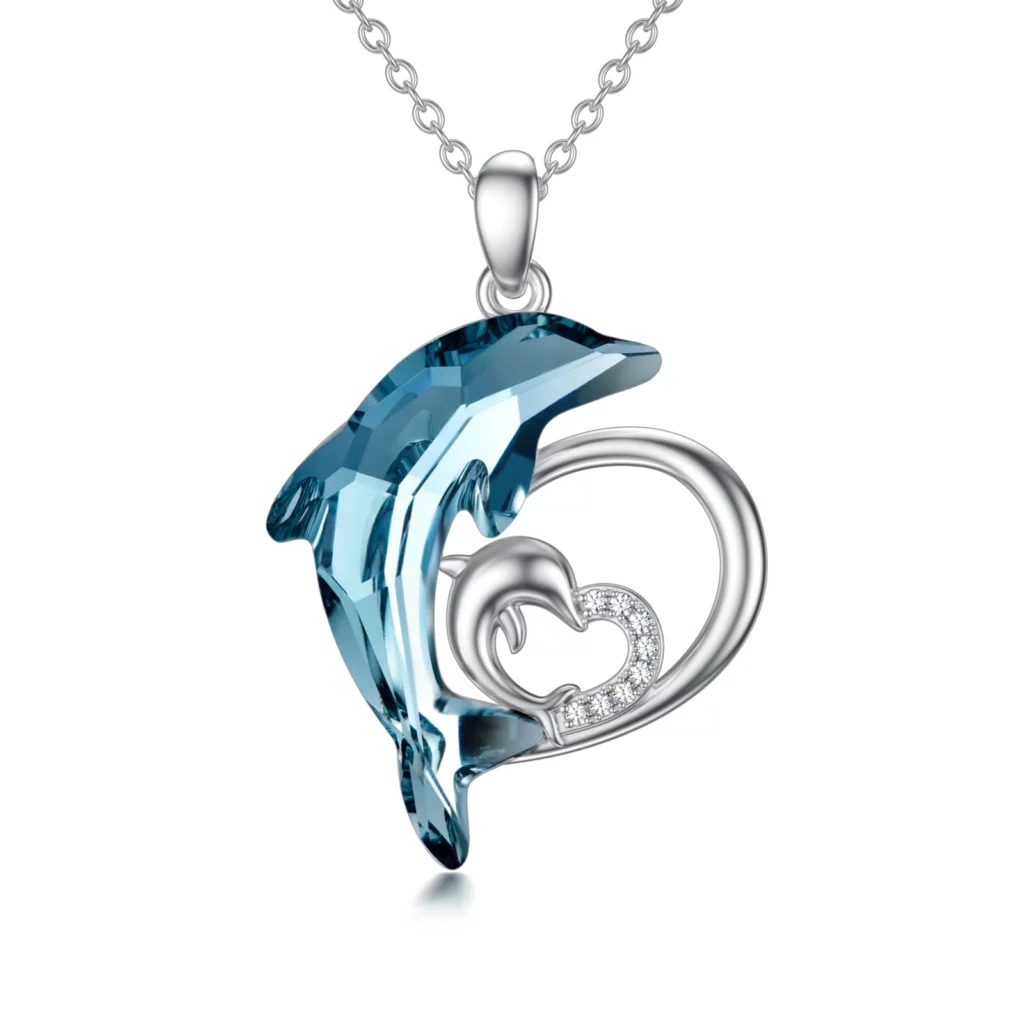 Dolphin Necklace Pendant with Blue Crystal