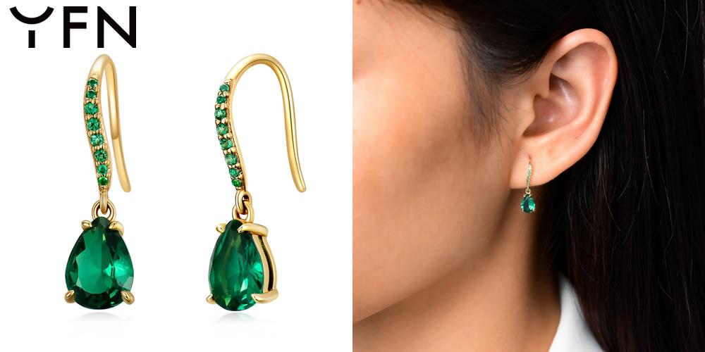14K Gold Dangle Drop Created Emerald Earrings